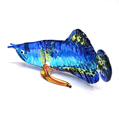 Tropical Glass Arowana Fish Figurine Blue Hand Blown Lampwork Collectible Miniature Aquarium Decor