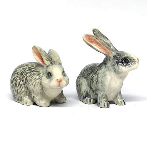 Gray Rabbits Ceramic Figurine Bunny Statue Hand Painted Porcelain Collectible Set of 2