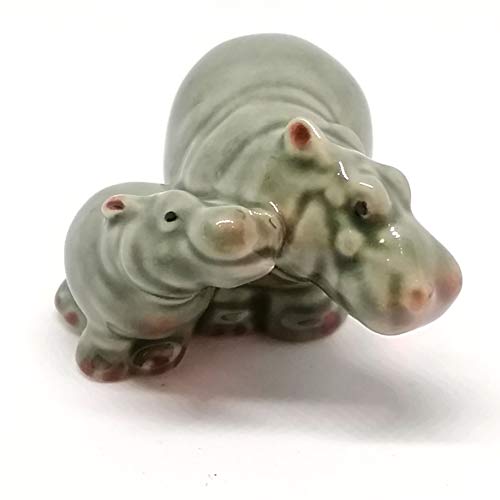 Ceramic Hippo Figurine Mom and Baby Hand Painted Porcelain Terrarium Garden Decor Collectibles