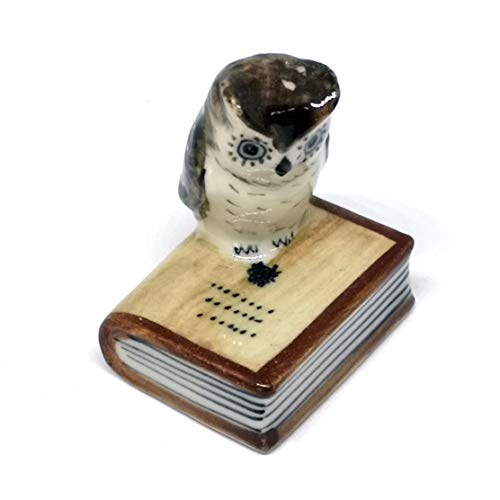 Owl Figurine Ceramic Brown Bird on Book Tiny Handicraft Miniature Dollhouse