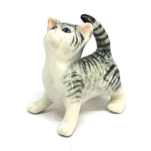 Porcelain Fat Baby Tabby Kitten Cat Figurine Gray Handmade Ceramic Miniatures Decor Collectibles
