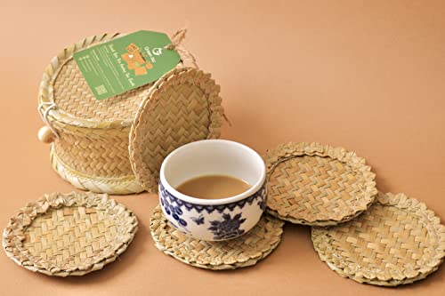 Green Joy Handmade Natural Grass Coasters - Handmade Teacup Coasters, Coaster Set, Gift Set, Kitchen Gift, Green Coasters, Non- Paper Coasters, Table Coaster, Non-Slip Coasters Set 6+1 PCS (4.7 " Round)