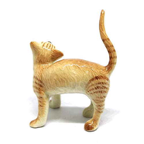 Ceramic Cat Figurine Collectible Stretching Brown Kitty Hand Painted Animal Miniature Home Decor