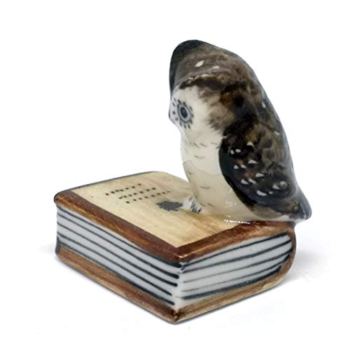 Owl Figurine Ceramic Brown Bird on Book Tiny Handicraft Miniature Dollhouse