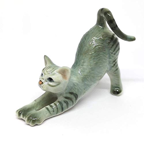 Collectible Gray & Brown Yoga Cat Figurine Ceramic Hand-Painted Home Decor