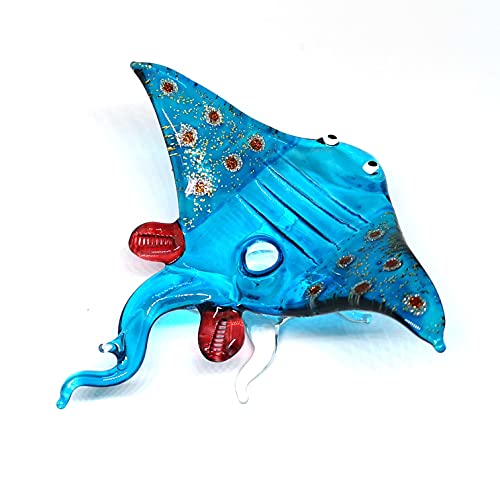 ZOOCRAFT Glass Stingray Figurine Blue Hand Blown Art Sealife Ornament Collectible Miniature Aquarium Coastal Decor, 3.0 x 3.1 x 1.3 inches