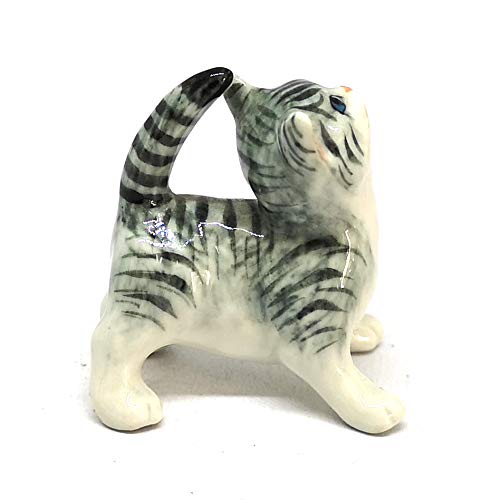 Porcelain Fat Baby Tabby Kitten Cat Figurine Gray Handmade Ceramic Miniatures Decor Collectibles