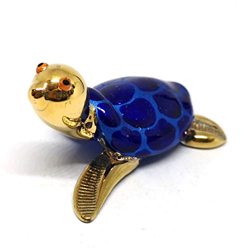 ZOOCRAFT Collectible Hand Blown Glass Figurine Turtle Coastal Beach Home Decor Marine Life Blue and Gold Trim Set of 2