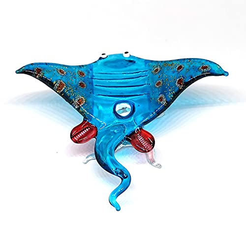 ZOOCRAFT Glass Stingray Figurine Blue Hand Blown Art Sealife Ornament Collectible Miniature Aquarium Coastal Decor, 3.0 x 3.1 x 1.3 inches