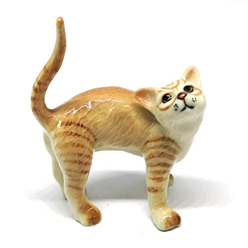Ceramic Cat Figurine Collectible Stretching Brown Kitty Hand Painted Animal Miniature Home Decor