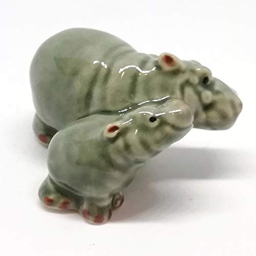 Ceramic Hippo Figurine Mom and Baby Hand Painted Porcelain Terrarium Garden Decor Collectibles