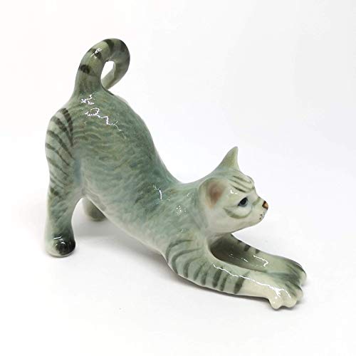 Collectible Gray & Brown Yoga Cat Figurine Ceramic Hand-Painted Home Decor