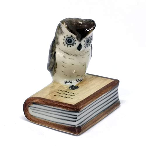 Owl Figurine Ceramic Brown Bird on Book Tiny Handicraft Miniature Dollhouse