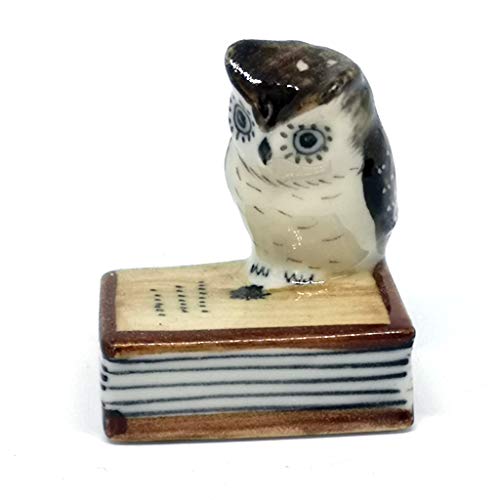 Owl Figurine Ceramic Brown Bird on Book Tiny Handicraft Miniature Dollhouse