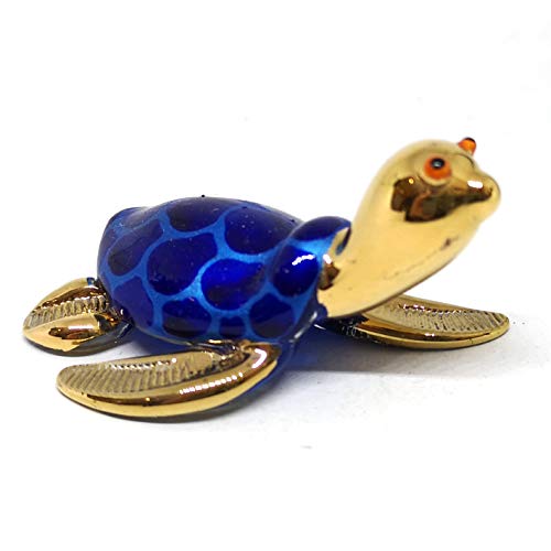 ZOOCRAFT Collectible Hand Blown Glass Figurine Turtle Coastal Beach Home Decor Marine Life Blue and Gold Trim Set of 2