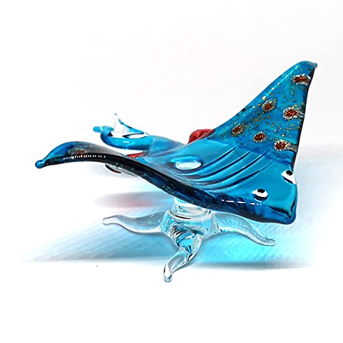 ZOOCRAFT Glass Stingray Figurine Blue Hand Blown Art Sealife Ornament Collectible Miniature Aquarium Coastal Decor, 3.0 x 3.1 x 1.3 inches