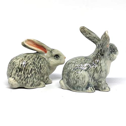 Gray Rabbits Ceramic Figurine Bunny Statue Hand Painted Porcelain Collectible Set of 2