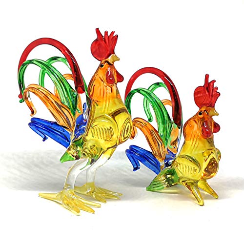 Chicken Figurines Collectibles Hand Blown Glass Rooster Set of 2