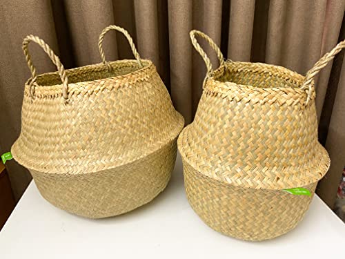 Greenjoy Natural Woven Basket for Storage - Set of 2 - Belly Basket- Plant Basket - Ideal Plant Pot, Laundry Basket, Picnic Basket for Home or Outdoor Use (S L, 2)