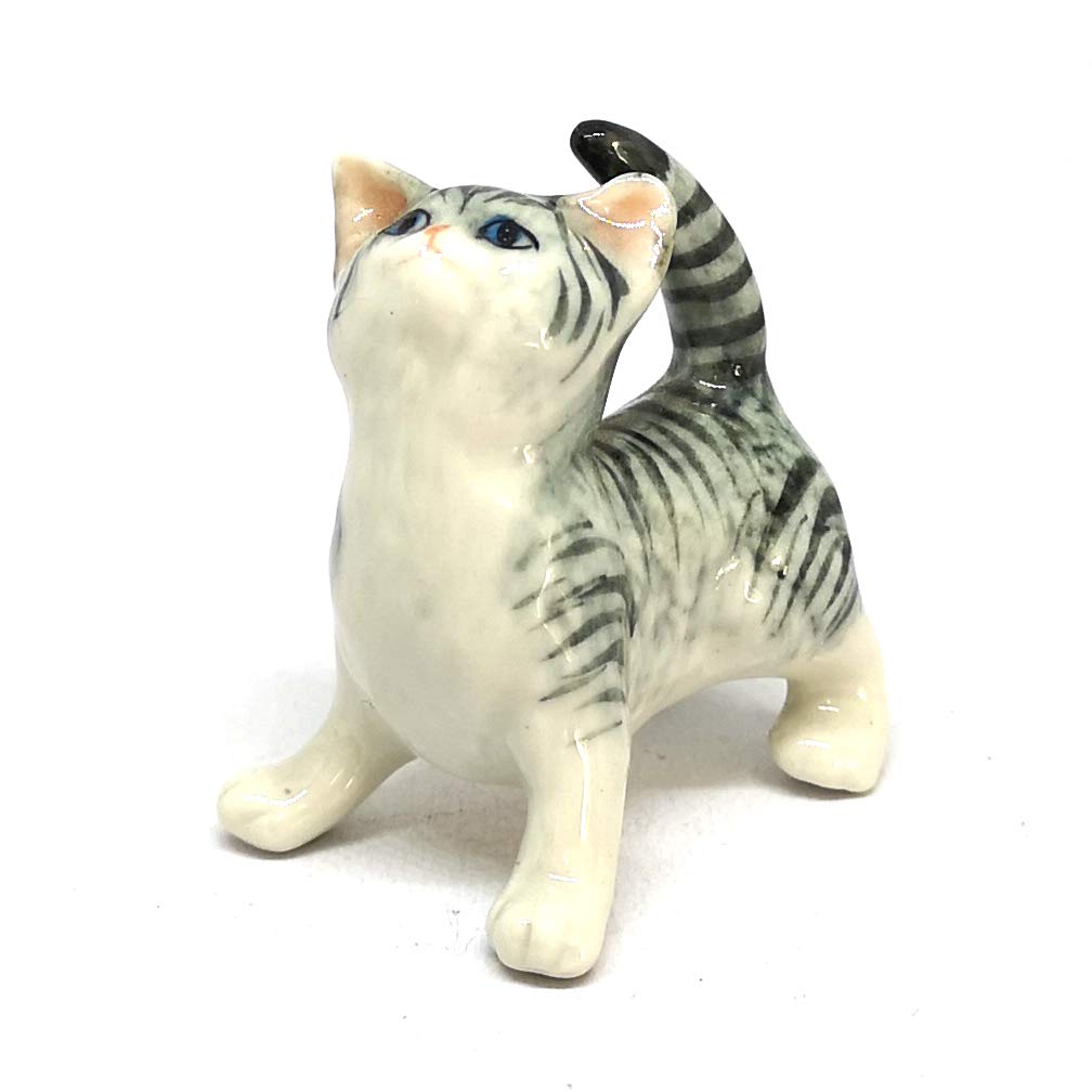 Porcelain Fat Baby Tabby Kitten Cat Figurine Gray Handmade Ceramic Miniatures Decor Collectibles