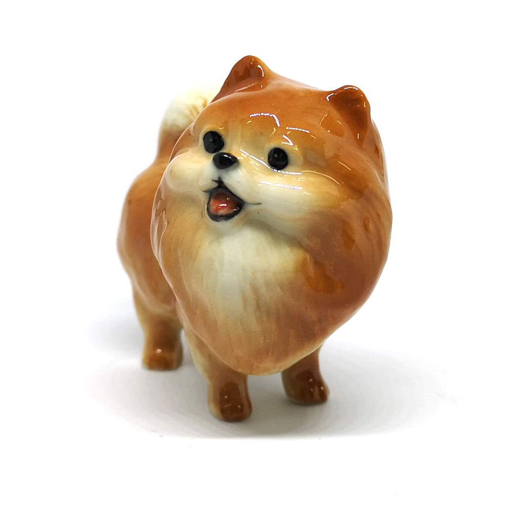 Ceramic Miniatures Figurine Pomeranian Dogs Statue Standing Brown Pets Lovers Collectible