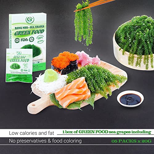 GREEN FOOD Sea Grapes - Dehydrated lato, Organic seaweed - Umibudo - Green caviar - Caulerpa lentillifera - Delicious Crunchy Healthy Freshness from the Ocean (3.53 OZ/100g of 5 packs), Whole