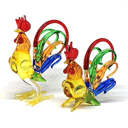Chicken Figurines Collectibles Hand Blown Glass Rooster Set of 2