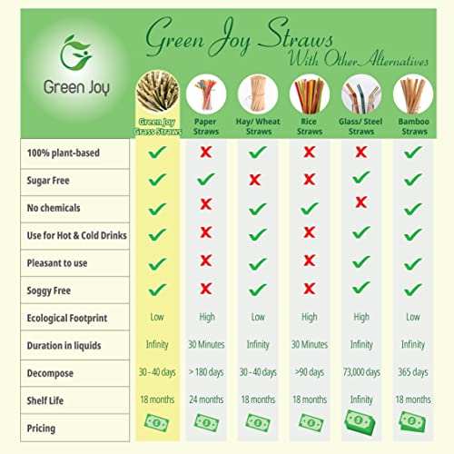 Green Joy Grass Straws - 100% Natural - Eco-friendly - Drinking Tubes - Plastic Free - Compostable - Single-use - Crazy Straws Alternative to Plastic Straws, Paper Straws, Bamboo Straws 100 Packs