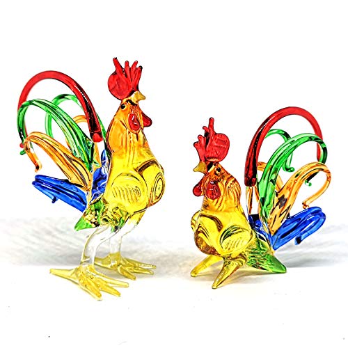 Chicken Figurines Collectibles Hand Blown Glass Rooster Set of 2