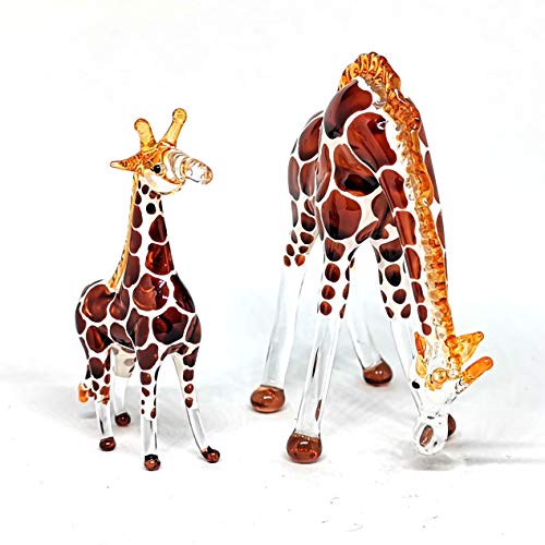 Glass Giraffe Figurine Collectible Hand Blown Safari Miniature Animals Collectibles Home Decoration Set of 2