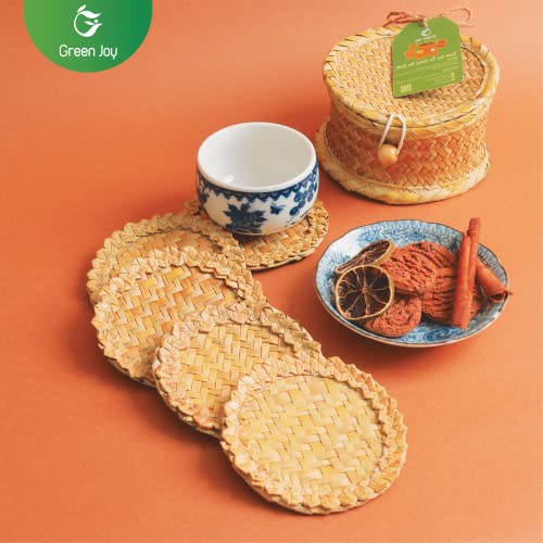 Green Joy Handmade Natural Grass Coasters - Handmade Teacup Coasters, Coaster Set, Gift Set, Kitchen Gift, Green Coasters, Non- Paper Coasters, Table Coaster, Non-Slip Coasters Set 6+1 PCS (4.7 " Round)