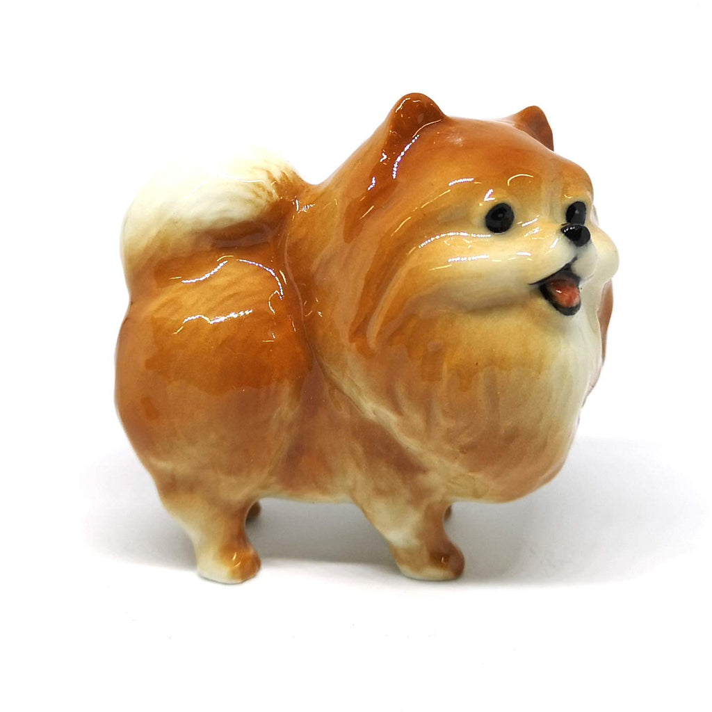 Ceramic Miniatures Figurine Pomeranian Dogs Statue Standing Brown Pets Lovers Collectible