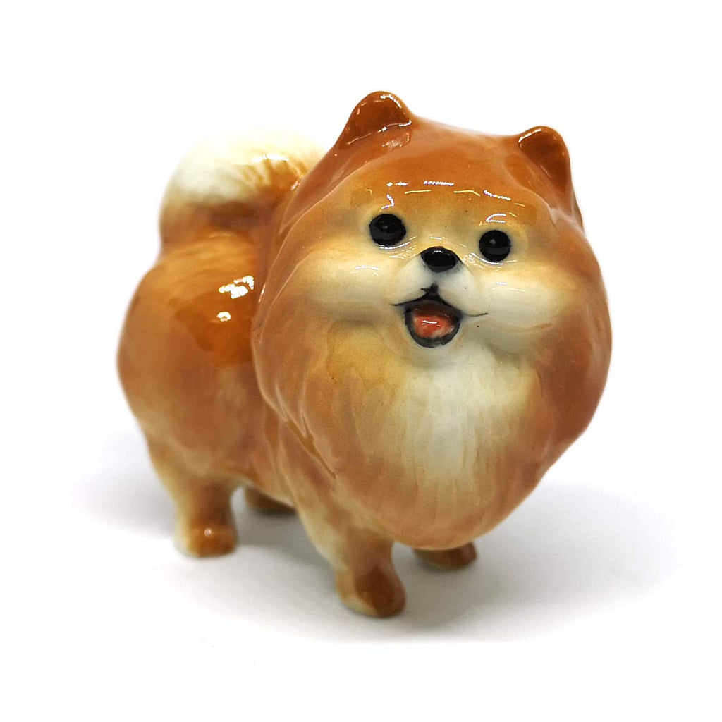 Ceramic Miniatures Figurine Pomeranian Dogs Statue Standing Brown Pets Lovers Collectible