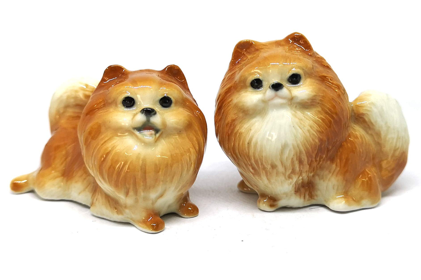 Ceramic Miniatures Figurine Pomeranian Dogs Statue Standing Brown Pets Lovers Collectible Set of 2
