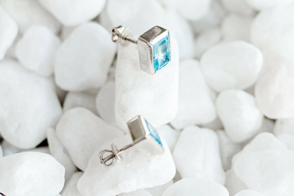 Natural Blue Topaz Stud Earrings, Handmade Silver Studs, 925 Sterling Silver Earrings, Gift for her, Blue Gemstone Studs, Blue Topaz Earring