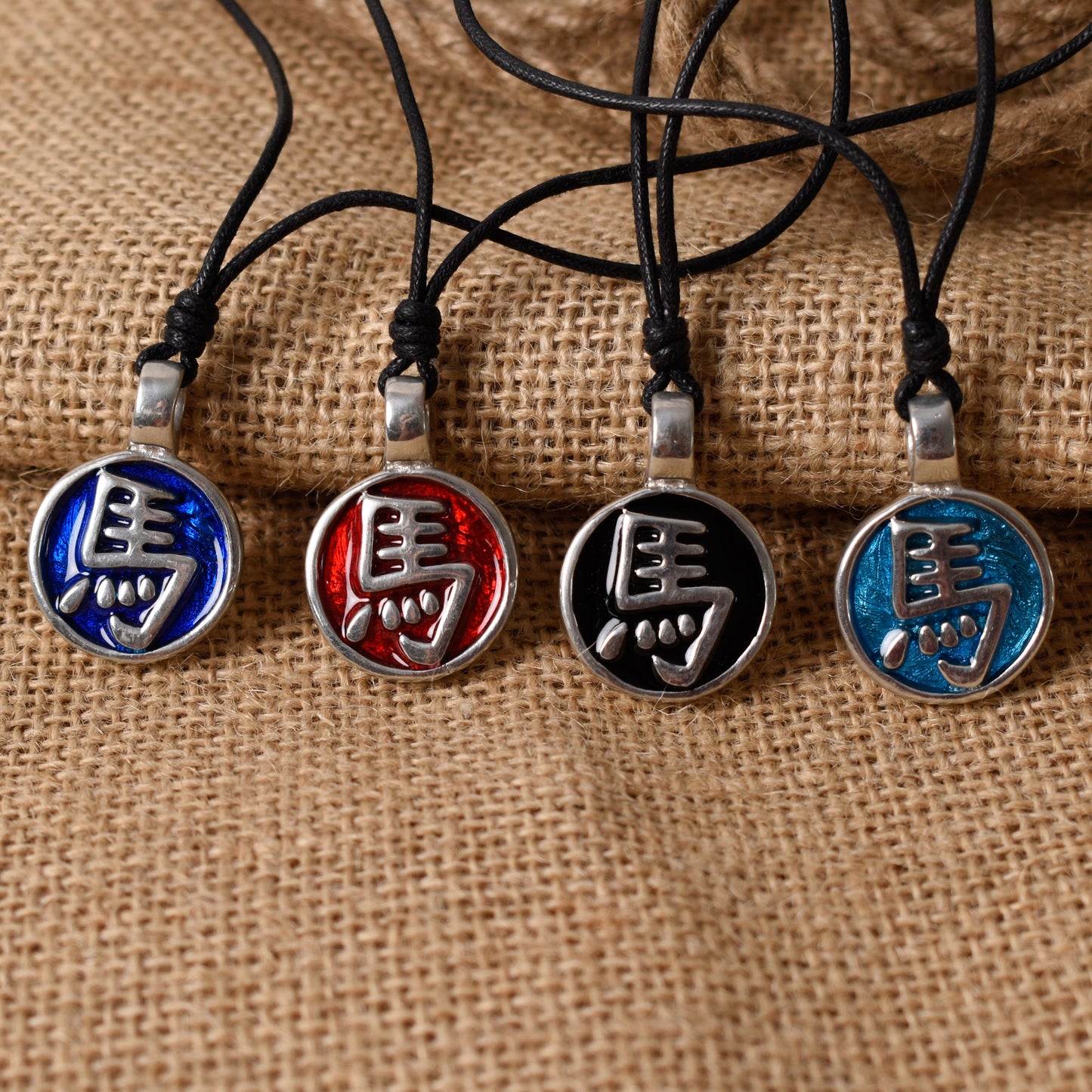 Horse Chinese Text Silver Pewter Charm Necklace Pendant Jewelry