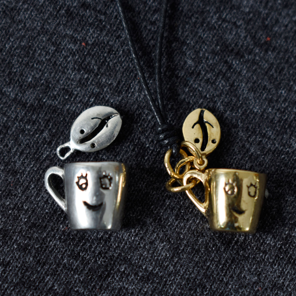 Coffee Bean Cup Mug Sterling Silver Pewter Gold Brass Necklace Pendant Jewelry