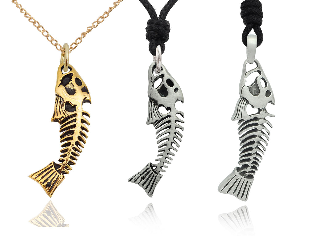 Stylish Fish Skeleton Silver Pewter Gold Brass Charm Necklace Pendant Jewelry