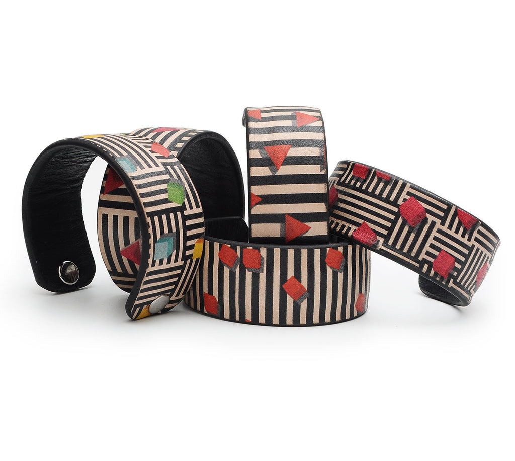 Cubes and triangle Pattern Print Handmade Leather Bracelet Jewelry HLB_01