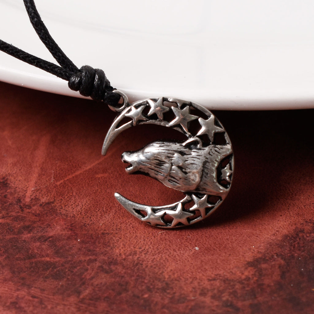 Wolf Howling Moon Indian 92.5 Sterling Silver Charm Necklace Pendent Jewelry