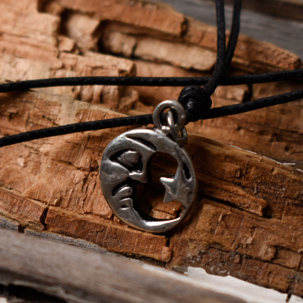 Moon & Star Silver Pewter Charm Necklace Pendant Jewelry With Cotton Cord
