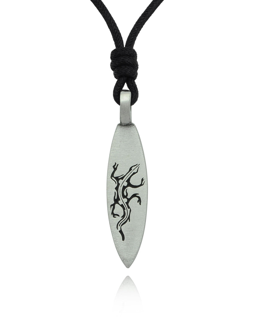 Lizard Surfboard Silver Pewter Charm Necklace Pendant Jewelry