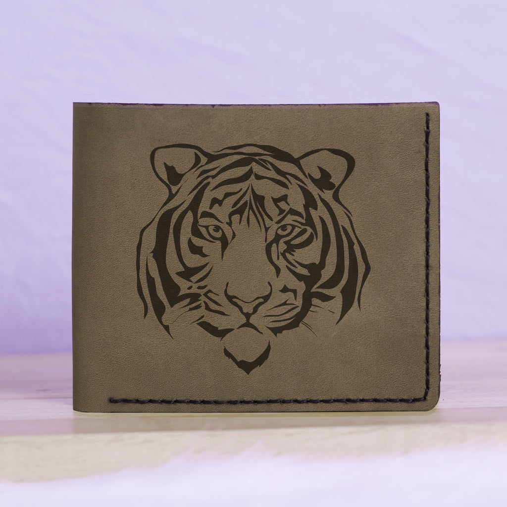 Men's Tribal Tiger Abstract Genuine Leather Blocking Bifold Wallet MHLT_01_GRN