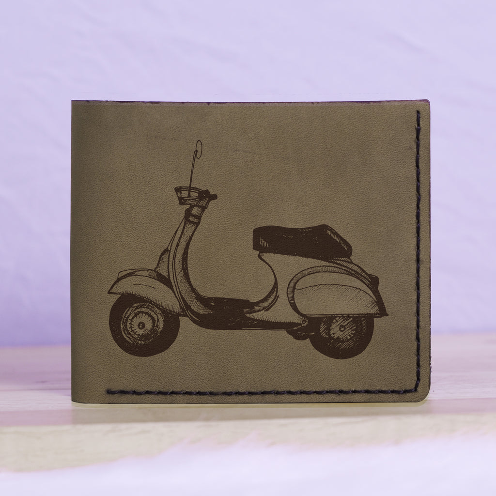 Men's Hand Drawn Retro Scooter Genuine Leather Blocking Bifold Wallet MHLT_01_GRN