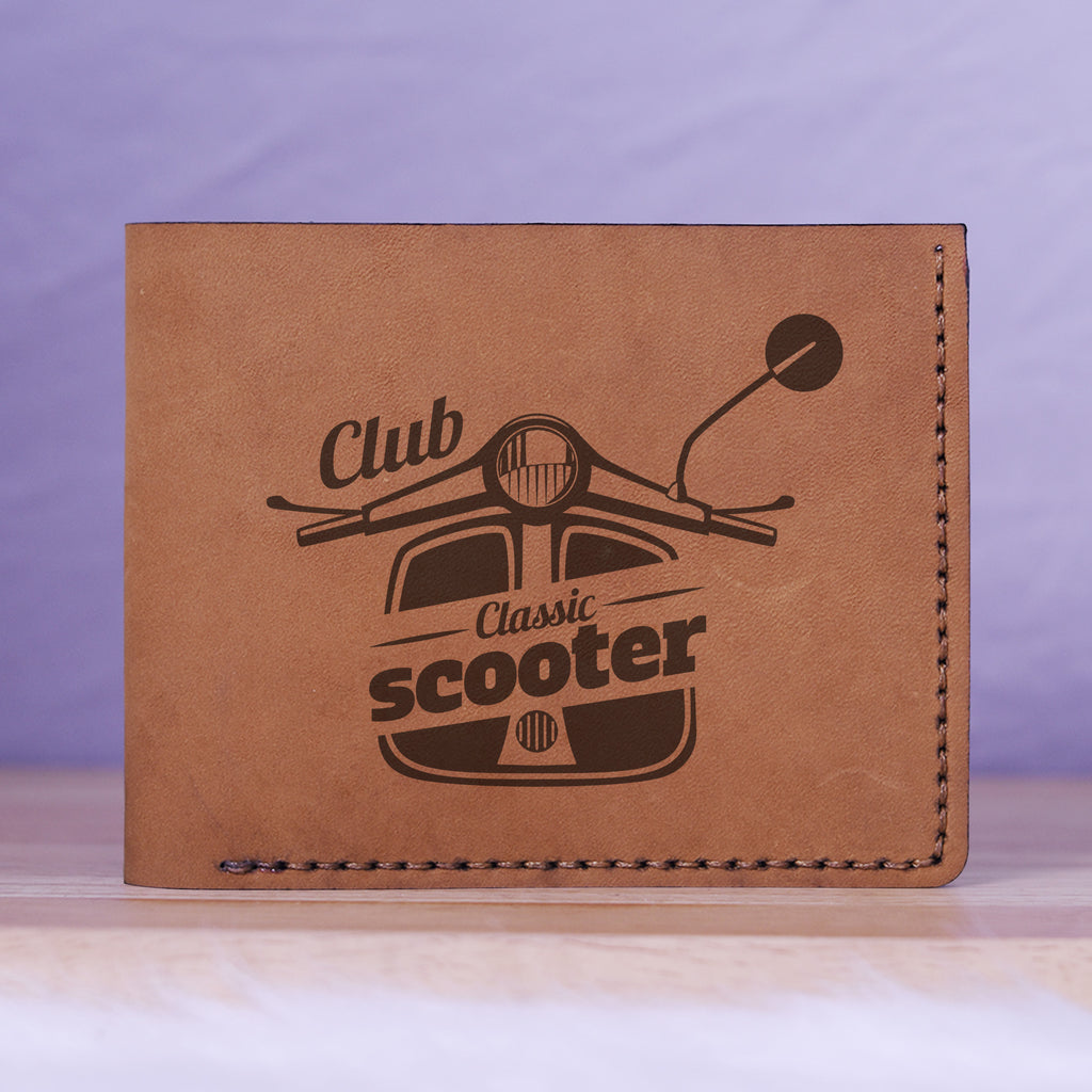 Men's Hand Drawn Retro Scooter Genuine Leather Blocking Bifold Wallet MHLT_01_BRN