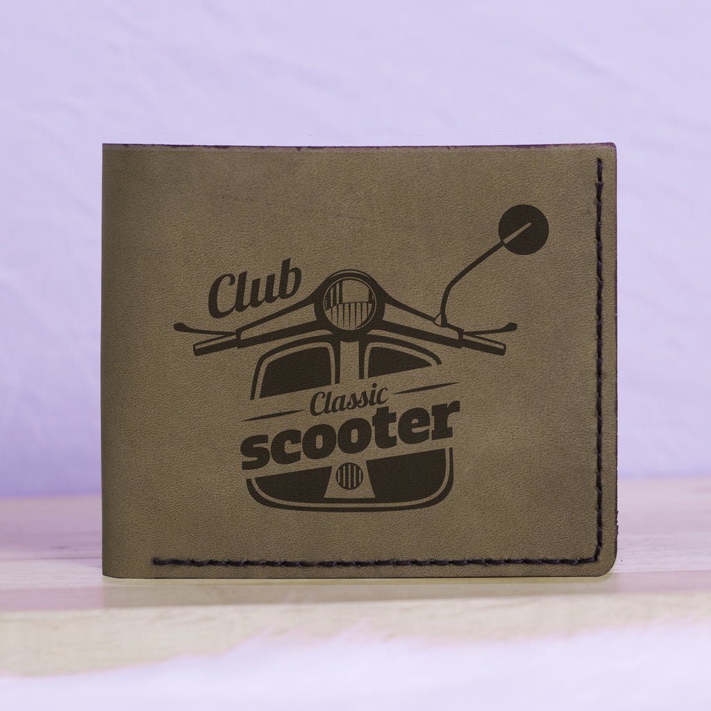 Men's Hand Drawn Retro Scooter Genuine Leather Blocking Bifold Wallet MHLT_01_GRN