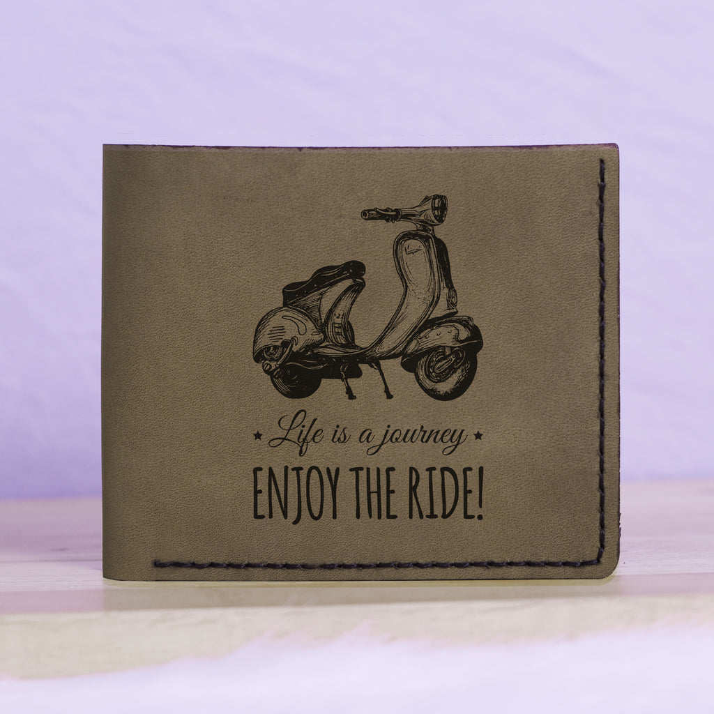 Men's Hand Drawn Retro Scooter Genuine Leather Blocking Bifold Wallet MHLT_01_GRN