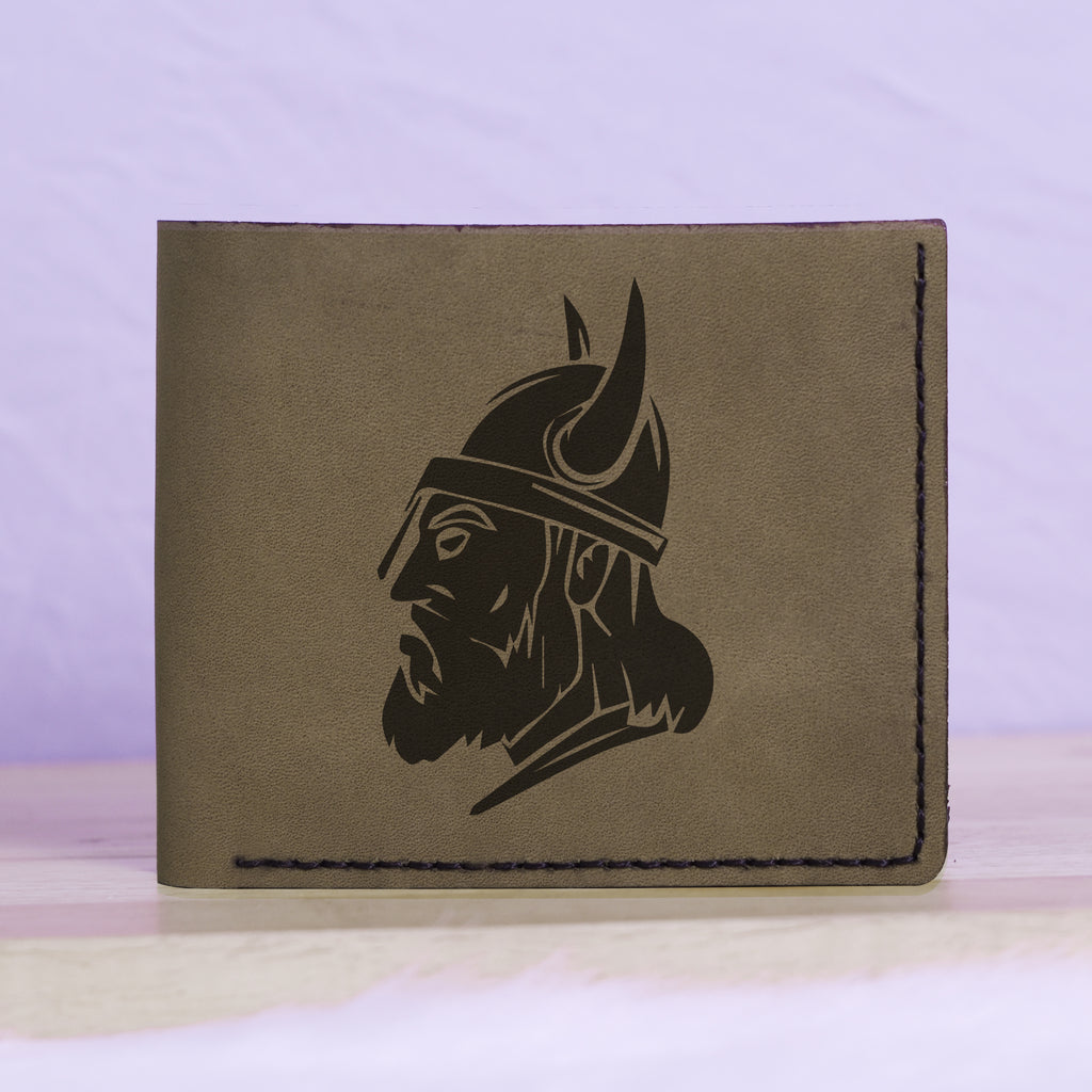 Men's Viking Head Natural Genuine Leather Blocking Bifold Wallet MHLT_01_GRN