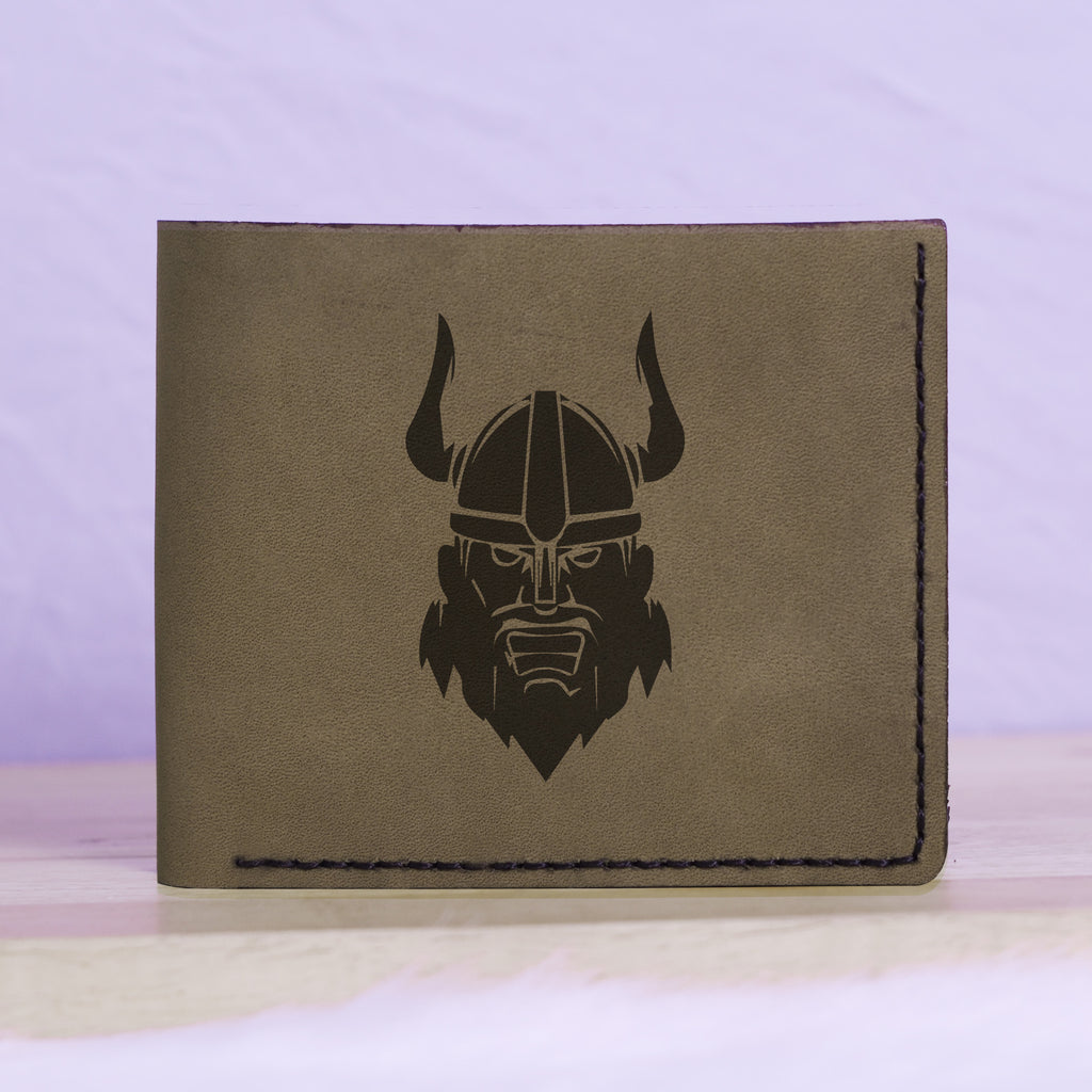 Men's Viking Head Natural Genuine Leather Blocking Bifold Wallet MHLT_01_GRN