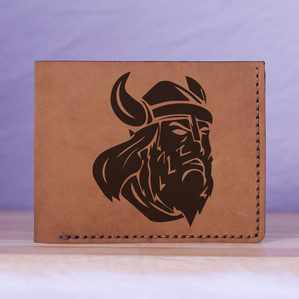 Men's Viking Head Natural Genuine Leather Blocking Bifold Wallet MHLT_01_BRN